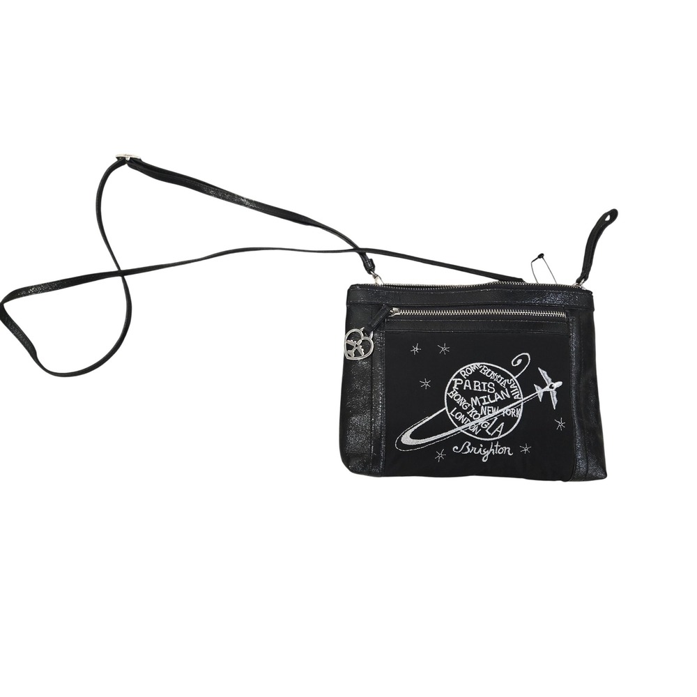 Brighton Black Crossbody Bag Travel Globe Airplane Embroidery Silver Charm